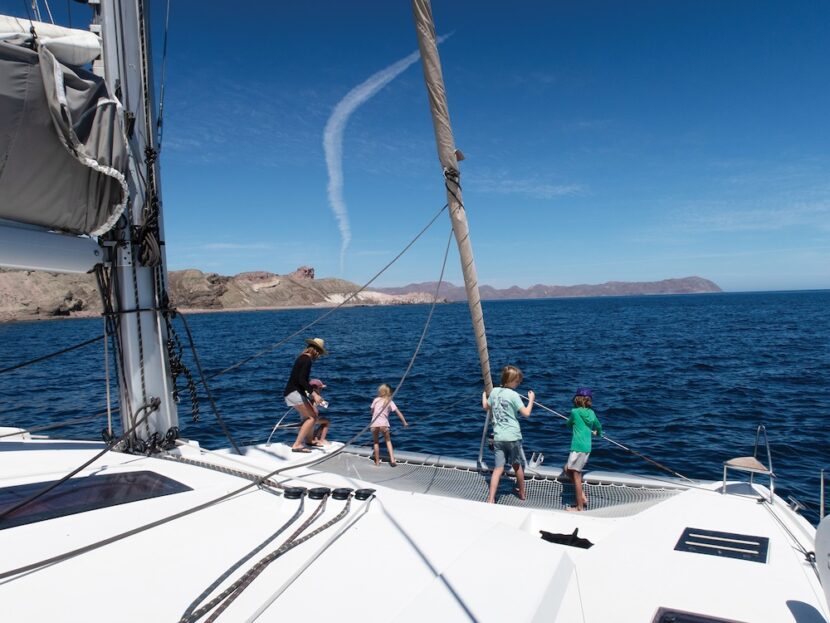 sailing a catamaran in the sea of cortez in baja california near la paz